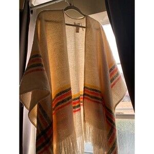 Free People Cream Striped Fringe Poncho Wrap – One Size